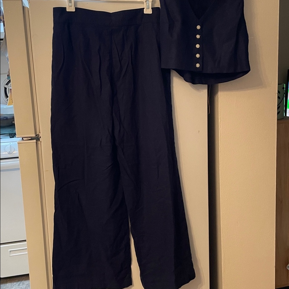 Christian Siriano Navy Size 10 Linen Set Pants and Buttoned Tank Top - Picture 10 of 11